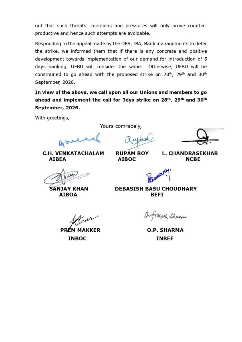 AIBOAOFFICIAL's tweet photo. Conciliation meeting held today — no positive response from IBA/DFS.

UFBU stands firm on 5-Day Banking.

March On Comrades!

#5DayBankingNow #UFBU #BankStrike https://t.co/vuwIag8uNt
