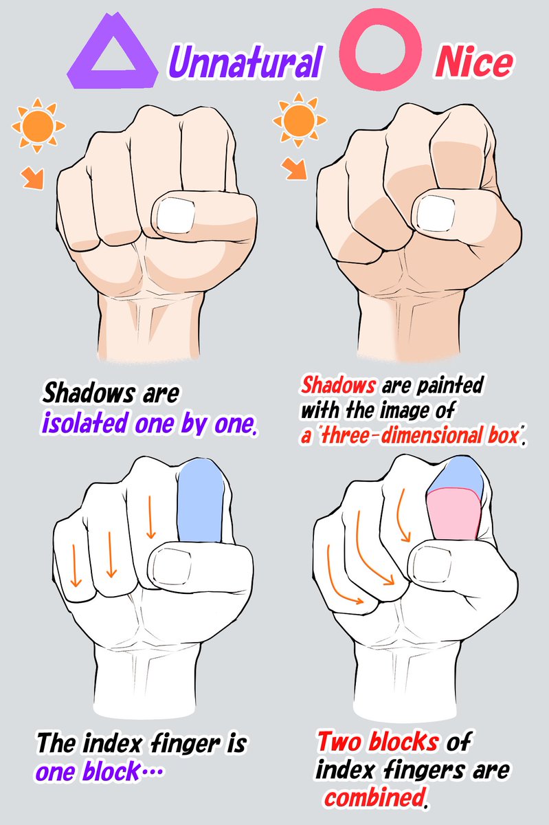 takuya_kakikata's tweet photo. Tips for Drawing Fists

① Don’t draw the outlines of the fingers as straight lines.
② Think of the shadows on the fingers as flat planes. https://t.co/wid7ojguY4