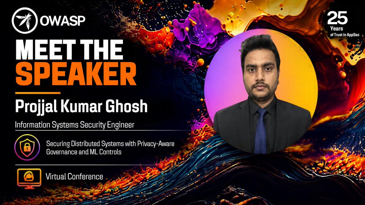 owasp's tweet photo. Securing Distributed Systems with Privacy-Aware Governance and ML Controls
🎤 Projjal Kumar Ghosh
🗓 Sep 22 | 2:45 PM–3:30 PM PDT
📺 https://t.co/hoSzJVdkbv
#OWASP25 #PrivacyEngineering #DistributedSystems #MachineLearning #DataGovernance https://t.co/2bbmF9pzEx