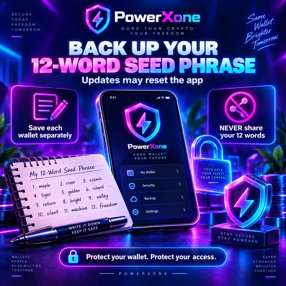Powerxonewallet's tweet photo. 🚨 IMPORTANT WALLET BACKUP REMINDER 🚨

PowerXone is currently going through frequent updates and improvements. During an update, the app may occasionally reset or require you to restore your wallet.

🔐 PLEASE BACK UP EVERY WALLET YOU USE.
For each wallet, make sure you have securely saved its 12-word recovery / seed phrase in the correct order.

⚠️ If the app resets and you have not saved your recovery phrase, you may lose access to that wallet.

✅ Write down each seed phrase separately
✅ Keep it somewhere safe and offline
✅ Double-check that all 12 words are correct and in order
✅ Make sure you know which seed phrase belongs to which wallet

🛑 NEVER share your seed phrase with anyone.
PowerXone Support, Admins, and Team Members will never ask for your 12 words.

Please take a few minutes today to check your wallet backups. This simple step can prevent a very unpleasant future conversation with Support.

⚡️ PowerXone
Protect your wallet. Protect your access.