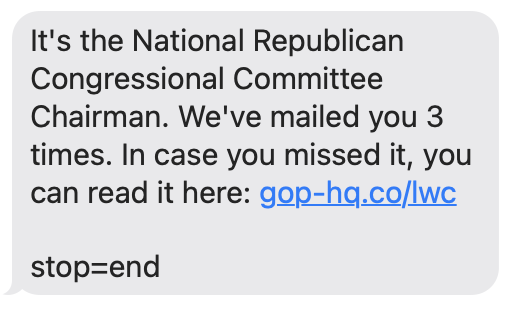 PolitiBunny's tweet photo. I want these to stop. NOW. I have written emails; I have sent endless STOP texts, and I still get these stupid texts I NEVER AGREED TO. 

And I know I'm not alone. 

This one is actually from you... @ChairmanGruters  @JoeGruters. It's ridiculous that donating money once can sign us up for endless, annoying crap we did not ask for.