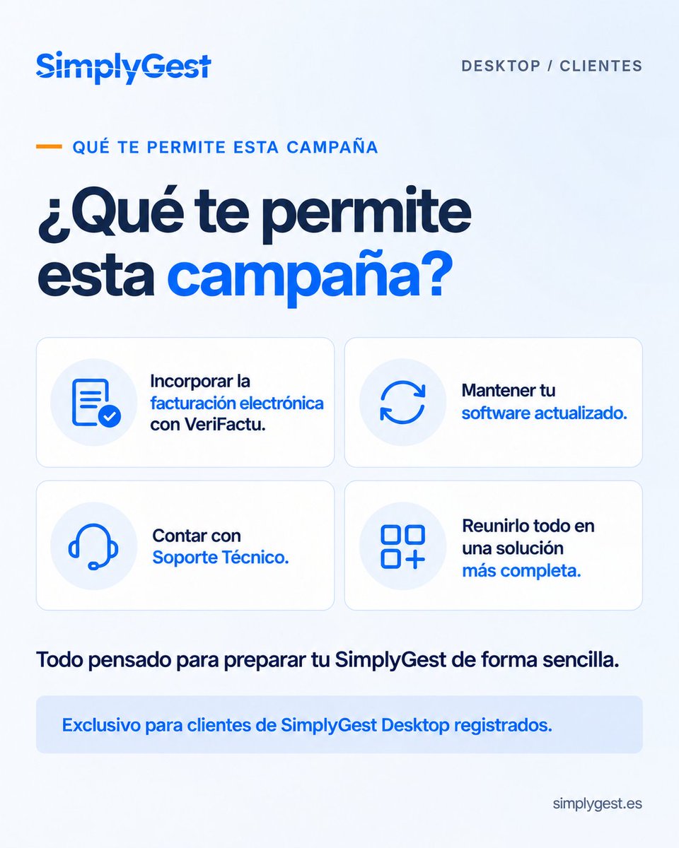 simplygest's tweet photo. 💻 ¿Usas SimplyGest Desktop y todavía no tienes VeriFactu?

Durante 12 mensualidades puedes acceder a condiciones especiales adaptadas a tu caso y ahorrar hasta 240 € el primer año.

📅 Disponible hasta el 31/10/2026.

#SimplyGest #VeriFactu https://t.co/Nau4owgffU