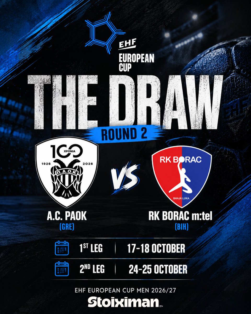 AC_PAOK's tweet photo. 𝐄𝐇𝐅 𝐄𝐮𝐫𝐨𝐩𝐞𝐚𝐧 𝐂𝐮𝐩 𝐌𝐞𝐧 𝟐𝟎𝟐𝟔/𝟐𝟕 | 𝐑𝐨𝐮𝐧𝐝 𝟐

The draw is set! ⚫⚪

A.C. PAOK will face RK Borac m:tel (BIH) in the EHF European Cup Men 2026/27 – Round 2.

🗓️ 1st Leg: 17–18 October 2026
🗓️ 2nd Leg: 24–25 October 2026

#ACPAOK #PAOK #Handball #EHFec https://t.co/Un72Ih8vhI