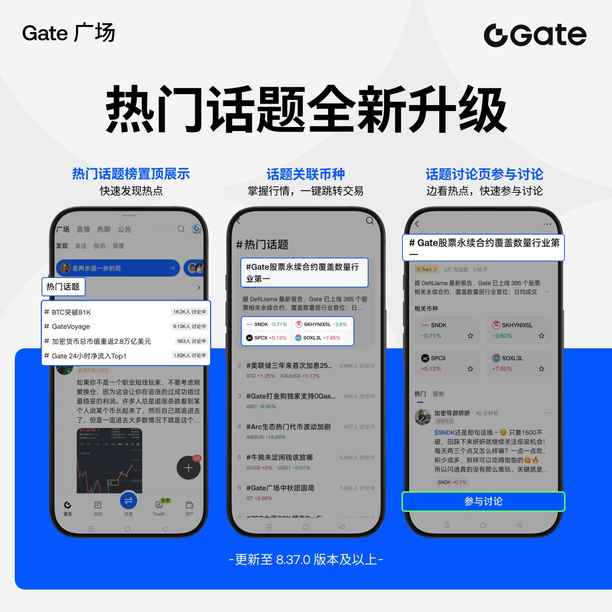 Gate__Square's tweet photo. 🔥 Gate 广场热门话题全新升级！
市场热点在哪？哪些币正在被热议？现在打开热门话题，一站掌握！

三大功能升级：
1️⃣ 热门话题榜：快速发现市场正在讨论的热点
2️⃣ 话题关联币种：行情涨跌一眼看懂，一键直达交易
3️⃣ 话题讨论页：边看热点边看观点，随时参与讨论

看热点 · 追行情 · 一键交易，从发现机会到参与市场更便捷！
👉️ https://t.co/8fJ7iKTqFW

📲 立即更新至 Gate App 8.37.0 及以上版本，体验全新热门话题功能！