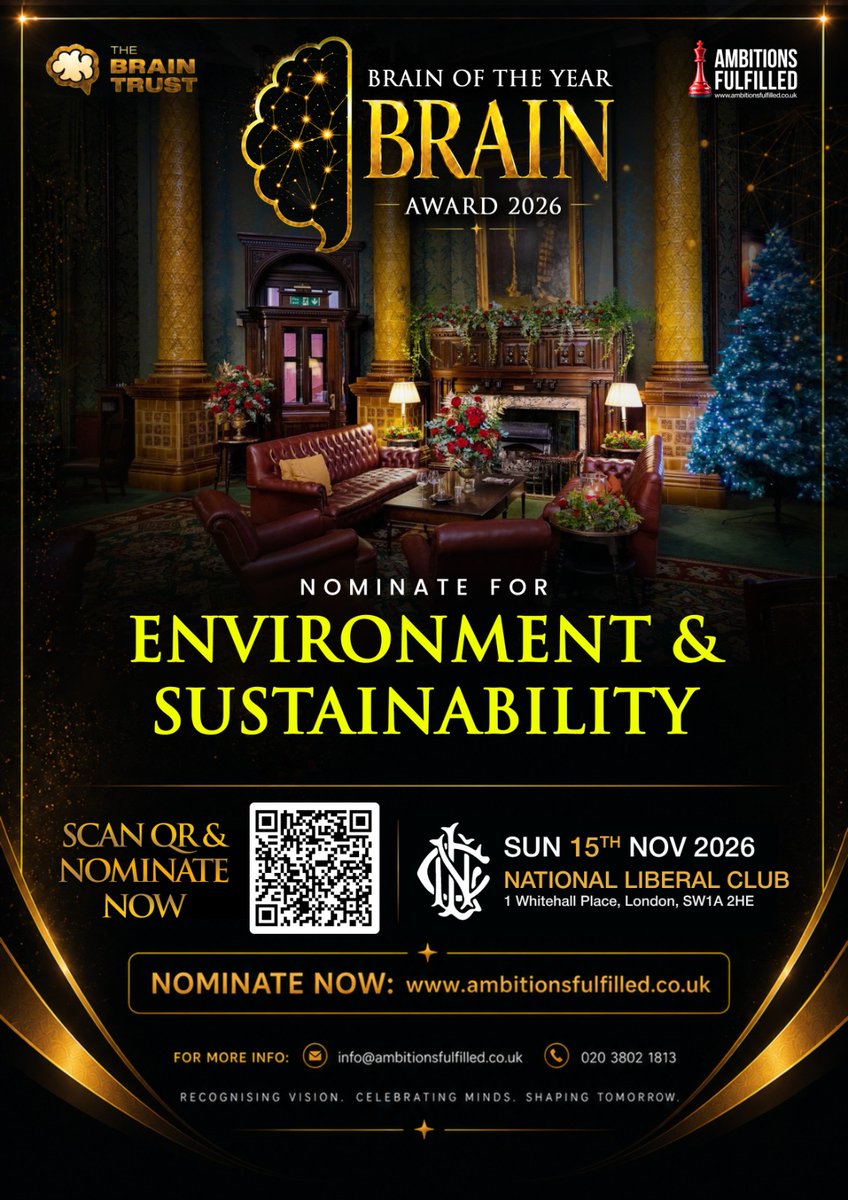AMBITIONSF36476's tweet photo. 🌍 Nominations are now open for Environment &amp; Sustainability!

Celebrating the brilliant minds creating positive change and building a more sustainable future at the Brain of the Year BRAIN Award 2026. 🧠✨

Nominate now:

https://t.co/t8eTOTxvee

#BrainAward2026 #Sustainability https://t.co/MExEHS8mll