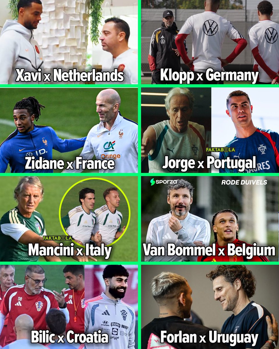 FaktaSepakbola's tweet photo. International break akan dimulai, sejumlah timnas akan ditukangi oleh pelatih baru! Dan sudah mulai jalani sesi latihan.

Xavi Hernandez x Belanda 🇳🇱
Jurgen Klopp x Jerman 🇩🇪
Zinedine Zidane x Prancis 🇫🇷
Jorge Jesus x Portugal 🇵🇹
Roberto Mncini x Italia 🇮🇹
Mark Van Bommel x Belgia 🇧🇪
Slaven Bilic x Kroasia 🇭🇷
Diego Forlan x Uruguay 🇺🇾