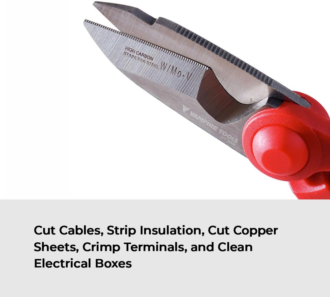 Vampire_Tools's tweet photo. Cut cables, strip insulation, trim cable ties, and crimp terminals—all with one compact pair.

Add the 5.5″ MULTIPURPOSE ELECTRICIAN SCISSORS to your electrical tool kit.  https://t.co/nOYwQ9Oq0h

#Electrician #ElectricianLife #ElectricalWork #Sparky #TradesLife #SkilledTrades https://t.co/ACi6NxbU3f