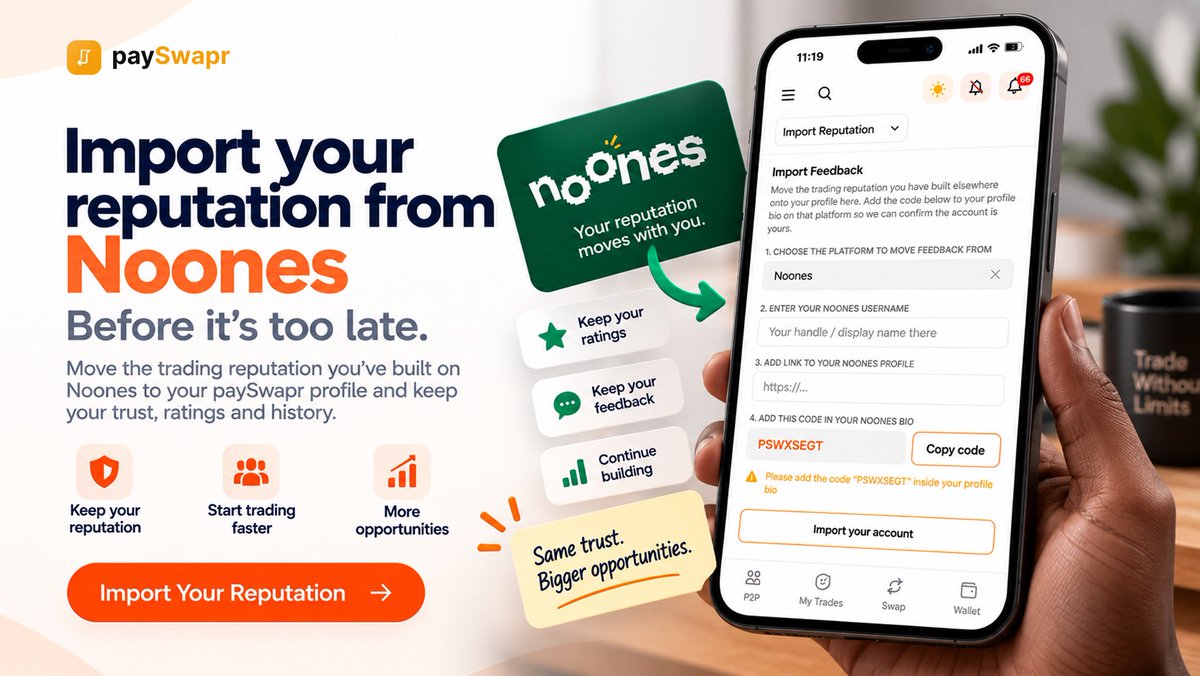paySwapr's tweet photo. Your reputation took time to build. Don’t leave it behind. 👀

Import your Noones trading reputation to paySwapr and carry your ratings, feedback and trading history with you.

Import your reputation before it’s too late.

https://t.co/wSQHus4hDO https://t.co/Kfhcok5rF4