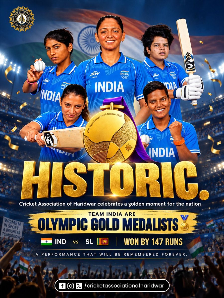 Officialcrah's tweet photo. OLYMPIC GOLD MEDALISTS! 🥇🇮🇳

Team India defeats Sri Lanka by 147 runs in a historic final! Absolute dominance on the biggest stage! 🏆⚡

Describe this victory in ONE word! 👇

#CricketAssociationOfHaridwar #TeamIndia #OlympicGold #BleedBlue #IndianCricket https://t.co/3iSWQjlfnK