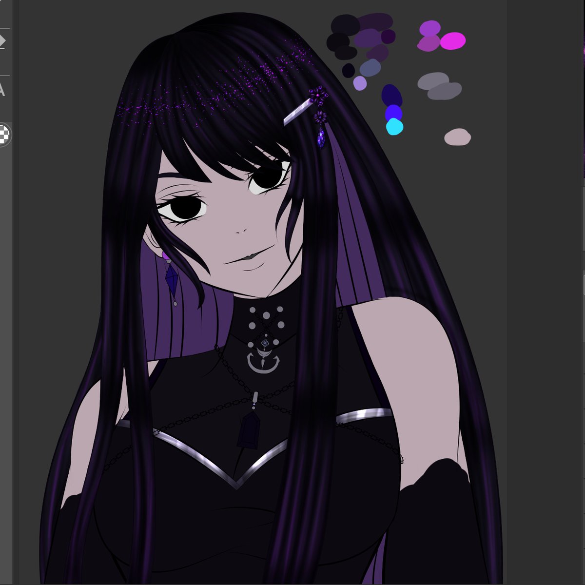 MissEdenNoir's tweet photo. Last one before posting. her hair’s not done, I am still adding things into it, but I really wanted to show off what I had finished so far on this extremely purple goth gal. 
#goth #Wip #cspaint #gothic #purple #sparkly #longhair https://t.co/cRnnXT9FN7