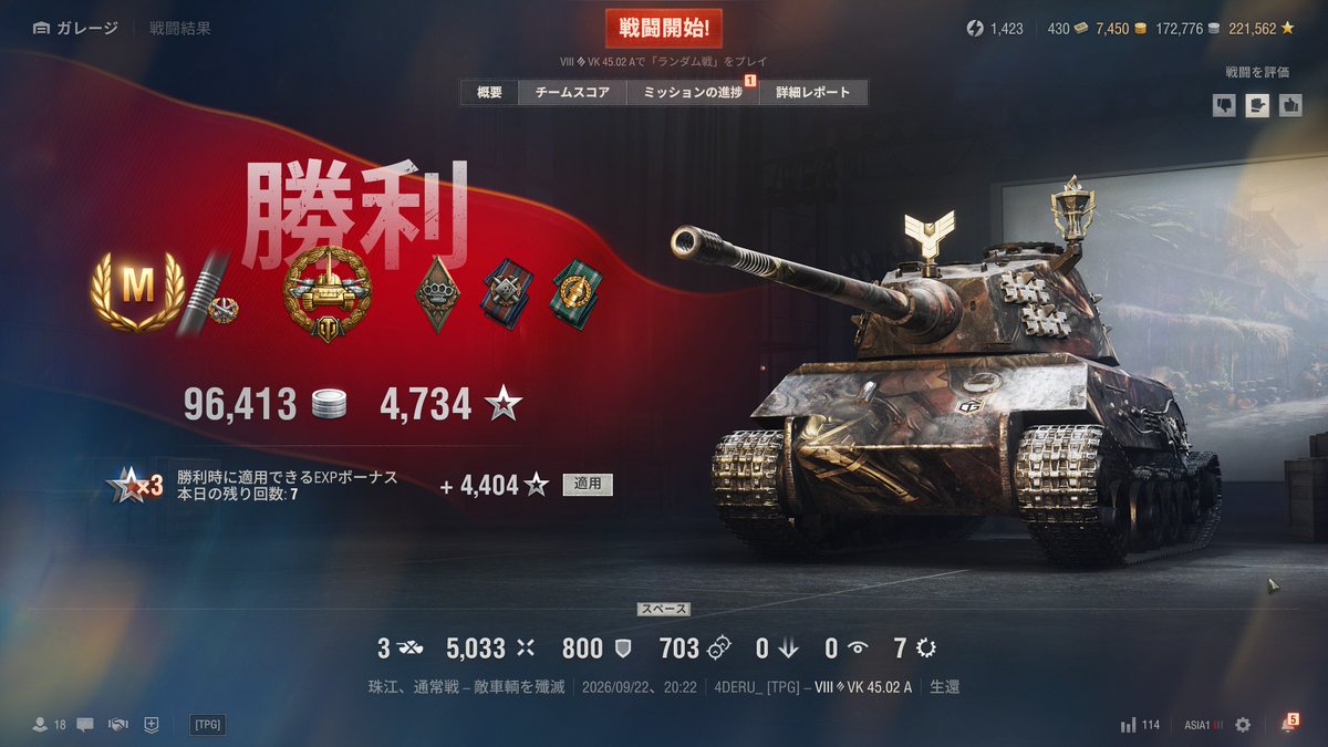 Patrion_WoT's tweet photo. VK 45.02A 3優等取れました。
53戦！53戦です！！！
頑張っちゃいました( *˙ω˙*)و

初心に帰って通常ツリーのティア８HT何か乗ろうと思って、リクエストいただいた戦車でした。
主砲が強い、ティア８とは思えないストレスフリーな主砲、自認スーパーコンカラーでしたｗ https://t.co/1KcIi03Qmj