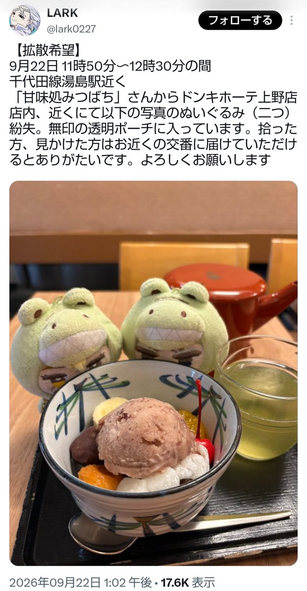 oK2ehnWt0zfU0sS's tweet photo. 【拡散希望】
9月22日 11時50分〜12時30分の間
千代田線湯島��近く
「甘味処みつばち」さんからドンキホーテ上野店店内、近くにて以下の写真のぬいぐるみ（二つ）紛失。無印の透明ポーチに入っています。拾った方、見かけた方はお近くの交番に届けて���ただけるとありがたいです。よろしくお願いします https://t.co/iQACHaTK2q