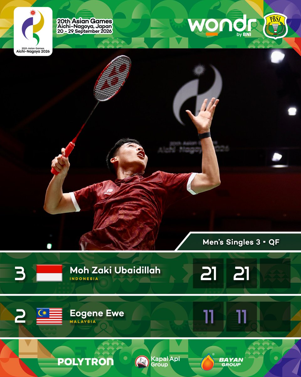 INABadminton's tweet photo. Ubed 🤝 Penentu

Beregu putra Indonesia melangkah ke semifinal setelah Ubed sukses hentikan perlawanan Eugene.

Keren!!! 💪🏻✨

#BadmintonIndonesia #AsianGames2026 https://t.co/LsQltMKzQK
