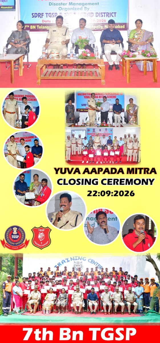 7thBnTGSP's tweet photo. Valedictory Ceremony of Yuva Aapda Mitra Training Programme held at 7th Bn TGSP, Dichpally. 66 volunteers trained in Flood Rescue, First Aid, Search &amp; Rescue &amp; Disaster Preparedness. Certificates distributed by dignitaries. 
7th Bn TGSP
Dichpally,Nizamabad
 #TGSP https://t.co/1Svl8qotPZ