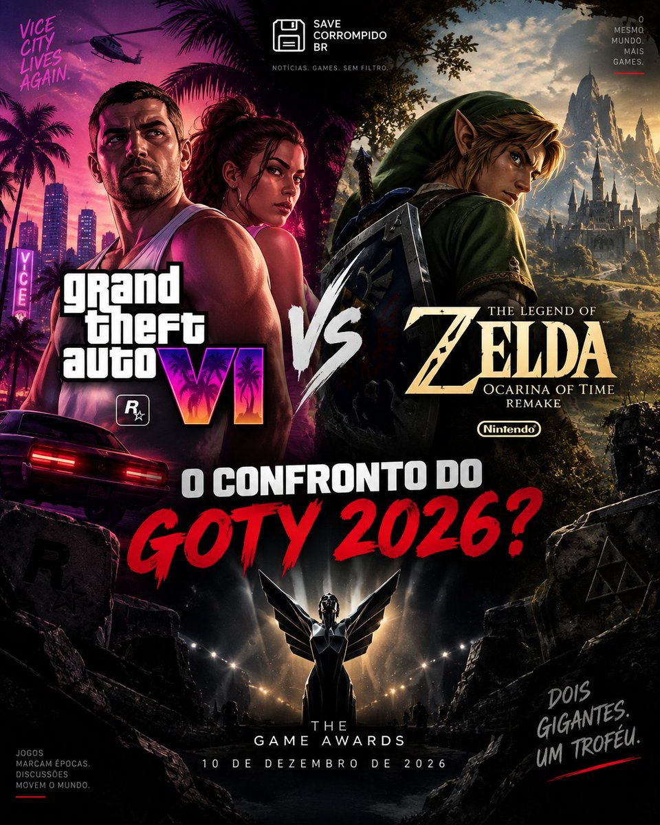 savecorrompidoX's tweet photo. 🎮 GTA 6 vs Zelda: Ocarina of Time Remake.
Será que teremos um confronto pelo GOTY 2026? 👀🏆
Dois gigantes. Um troféu.
#GTA6 #Zelda #TheGameAwards https://t.co/kqkHA5CVwV