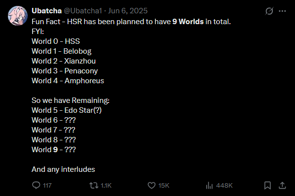 Ubatcha1's tweet photo. We've alr got confirmation that there's (at least) 9 worlds in HSR

Planarcadia is W5
W6 is 5.x

So realistically HSRs story is still going till at least 8.x https://t.co/PFIPHIbRTb