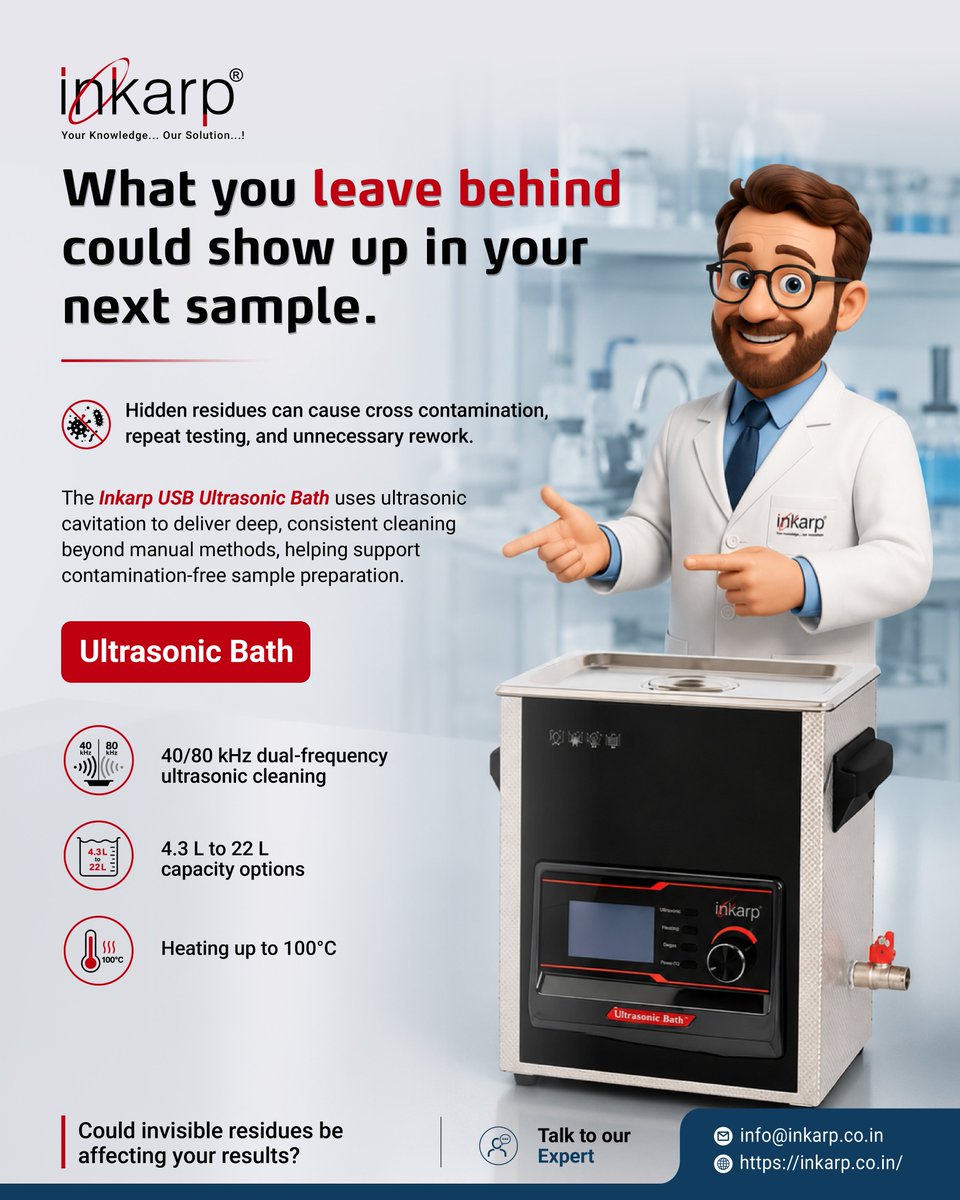 inkarpindia's tweet photo. 🧪 Clean Samples Begin With Cleaner Preparation.
The Inkarp USB Ultrasonic Bath uses ultrasonic cavitation for deep cleaning of glassware, tools & equipment components.
📩 info@inkarp.co.in
🔗 https://t.co/uAuxxfTu5k
#UltrasonicBath #SamplePreparation #LabEquipment #Inkarp https://t.co/mr1lGDb725
