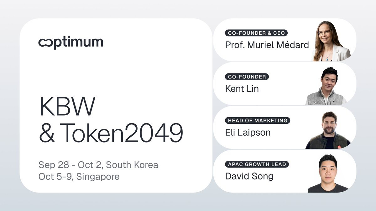get_optimum's tweet photo. Asia Tour Round 2: KBW & Token 2049
Here's what the team will be up to at each conference:
KBW
- 9/28 @kentlinyy is speaking on the @ethereumkoreaio staking infra panel.
- 9/29 We host our signature CODED event featuring a @MurielMedard keynote and speakers from 17 top projects. (info & sign up in next tweet)
Token2049
- 10/6 We're cohosting an event on agentic trading with @ambr_io.
- 10/7 We'll be attending DAS Asia.
As always, if you'll be around and would like to set something up please reach out directly.