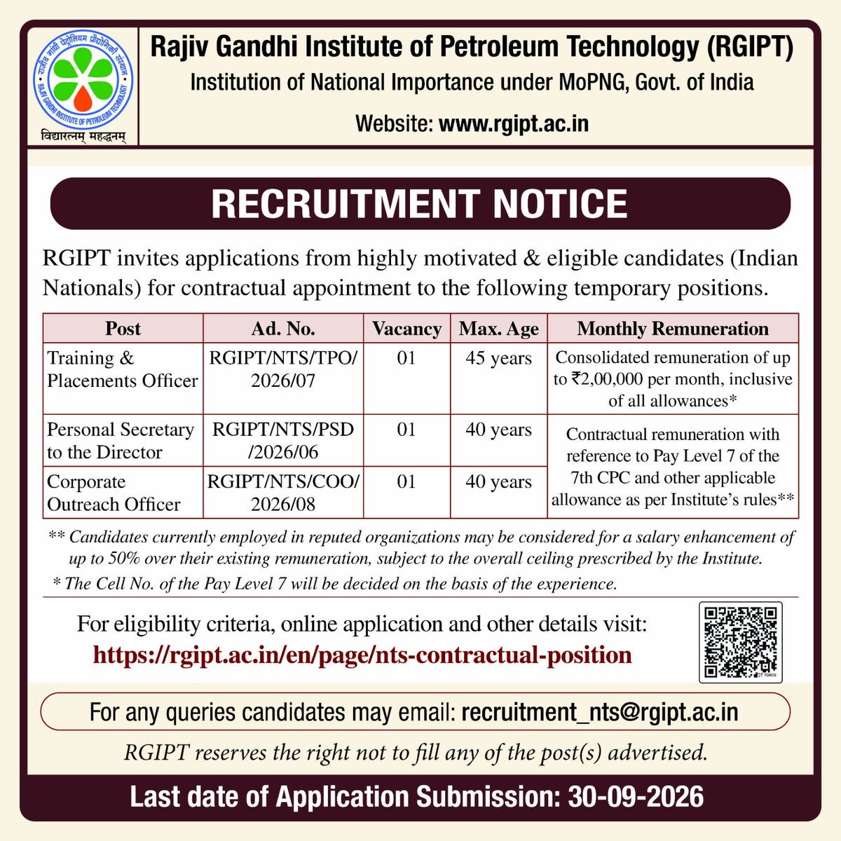 TheRGIPT's tweet photo. RGIPT invites applications for the following temporary positions:
🔹 Training &amp; Placements Officer
🔹 Personal Secretary to the Director
🔹 Corporate Outreach Officer

📅 Last Date: 30-09-2026
🔗 https://t.co/3eDVUjoUqx

#RGIPT #Recruitment #JobOpportunity #Career #Hiring https://t.co/ARIapJiO75