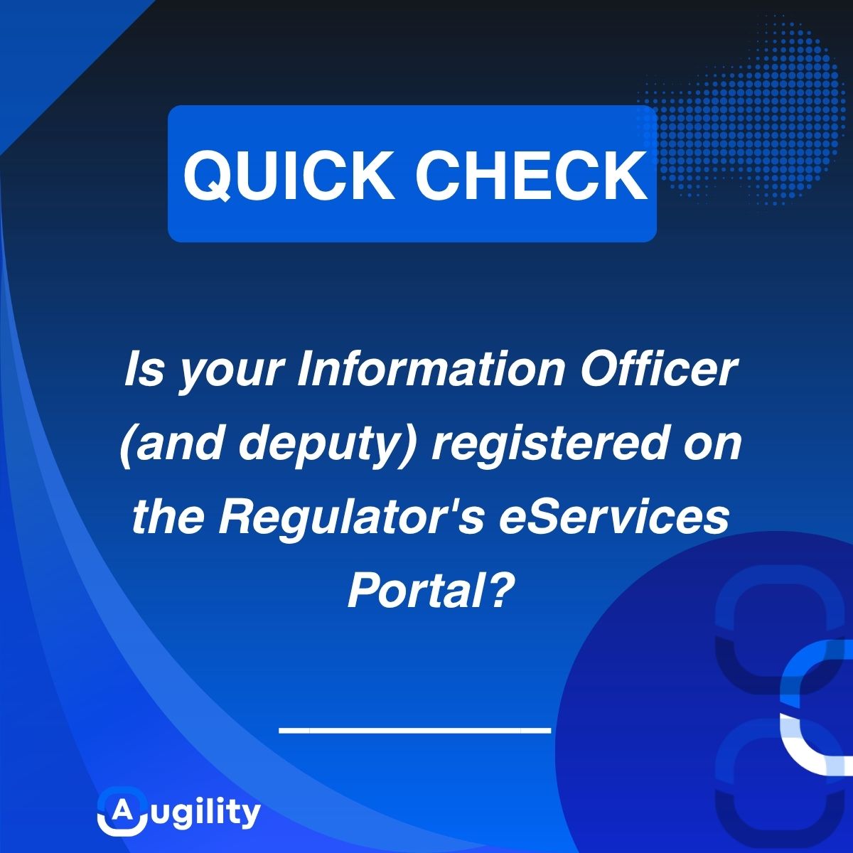 augilityGRC's tweet photo. Quick POPIA check: is your Information Officer registered with the Regulator's eServices Portal? It's one of the most commonly missed obligations and one of the first things checked. https://t.co/Ilg0KIqJba
