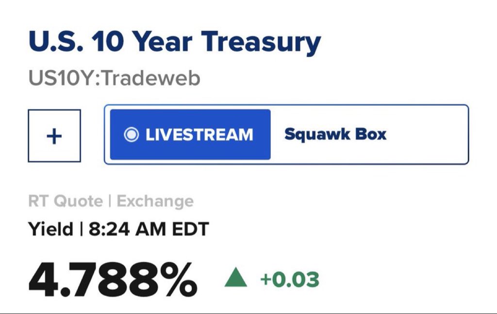 TheAlphaThoughX's tweet photo. The 10 year treasury continues to climb towards 5%.

Are we in for a wild ride? https://t.co/brGNCDEaLz