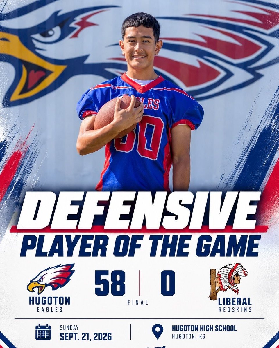 HugotonEaglesFB's tweet photo. JV gets win #2! 

Hugoton shuts out Liberal, 58-0!

🔵 Offensive POTG
Jayston Bojorquez — 1 REC TD, 1 RUSH TD
Carter Trujillo — 2 REC TDs

🔴 Defensive POTG
Josias Hernandez — 6 tackles, 2 PBUs + big returns on special teams

#GATA https://t.co/cObOynzx17
