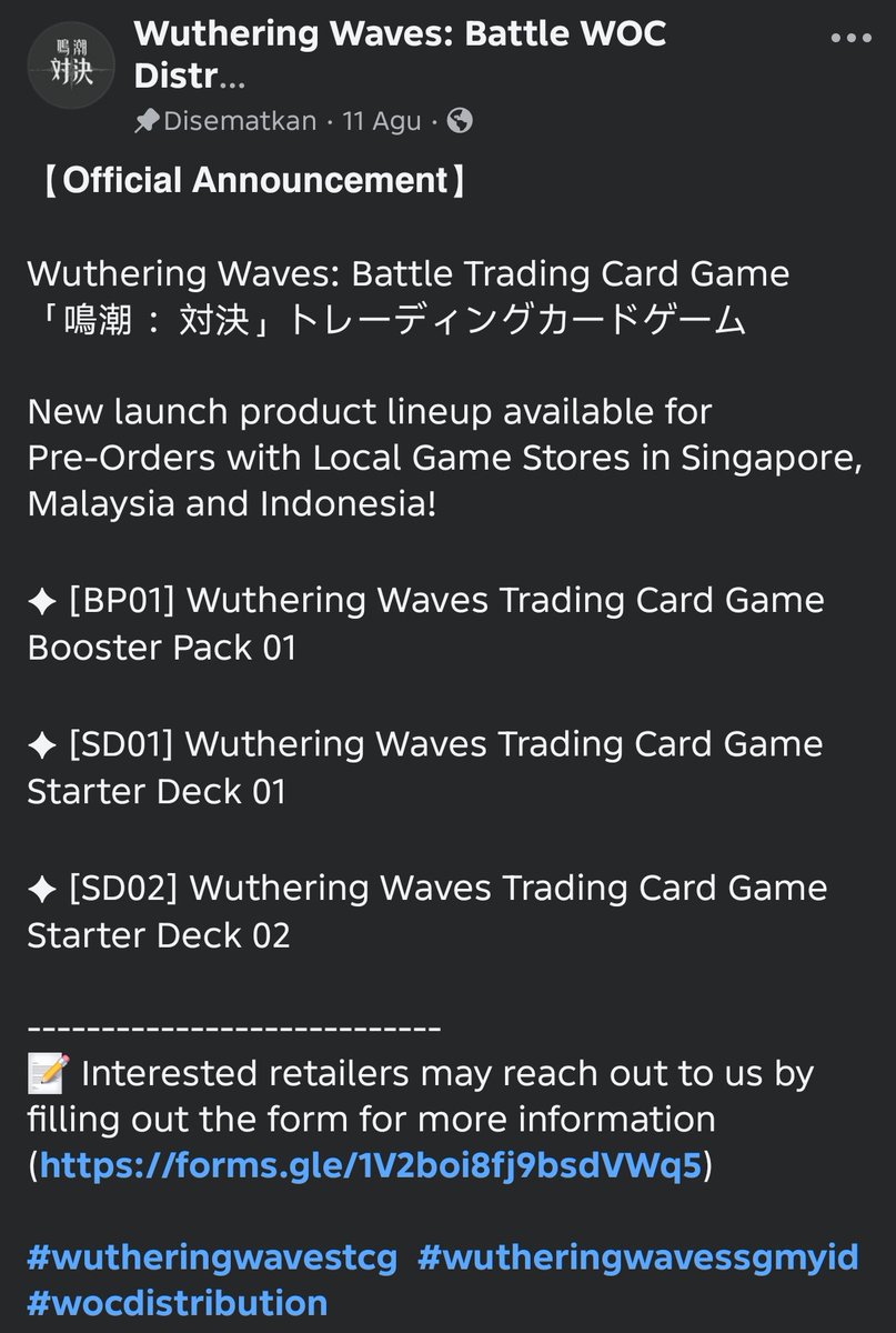 XWEETXWT's tweet photo. @JuryuZett Maybe easier to ask on PH wuwa facebook group (since FB is more popular in SEA) if any local game store is gonna stock on wuwa tcg. https://t.co/x3pYAchWuG