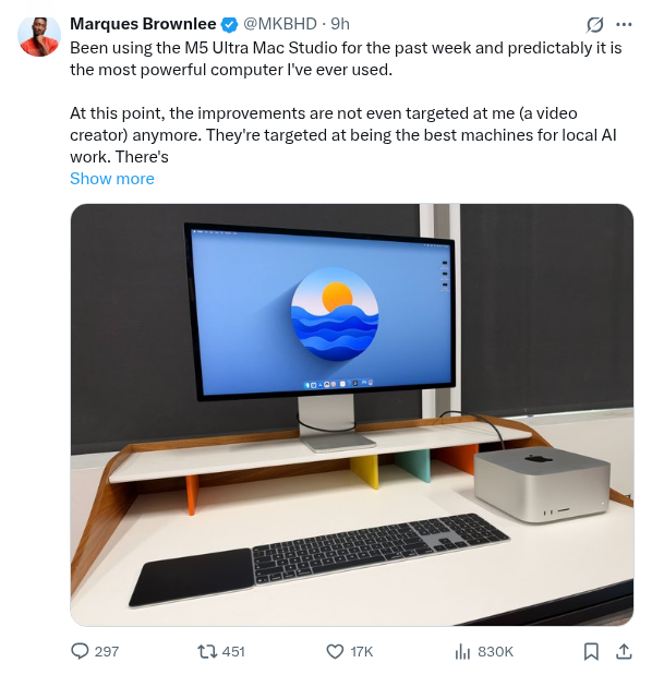 vraj_ai's tweet photo. M5 Ultra Mac Studio launches tomorrow with up to 256GB unified memory, and the pitch is shifting to local agents. MKBHD calls it his most powerful computer yet. early testing says 2x DGX Sparks still wins on GLM 5.3 Flash. great for quiet, on-device inference, not a cloud replacement.