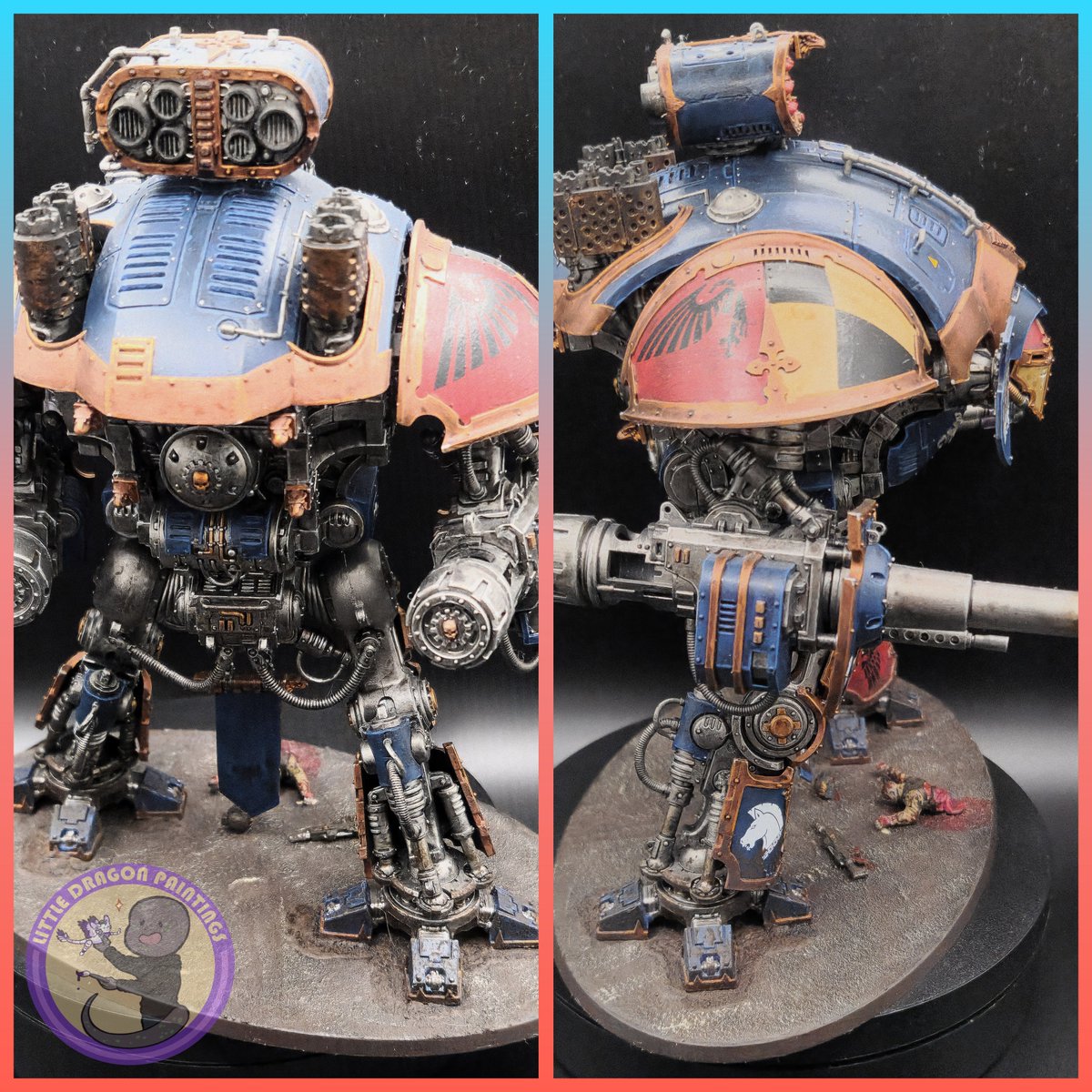 PaintingsDragon's tweet photo. Hello everyone. Here is my finshed imperial knight crusader from house Terryn. As well as the little attempt at sculpting for the first time. Would love to know what people think. ^^ 

#warhammercommunity #warhammer40k #warhammer40000 #imperialknights40k #houseterryn #painting https://t.co/sJB1VAF1MK