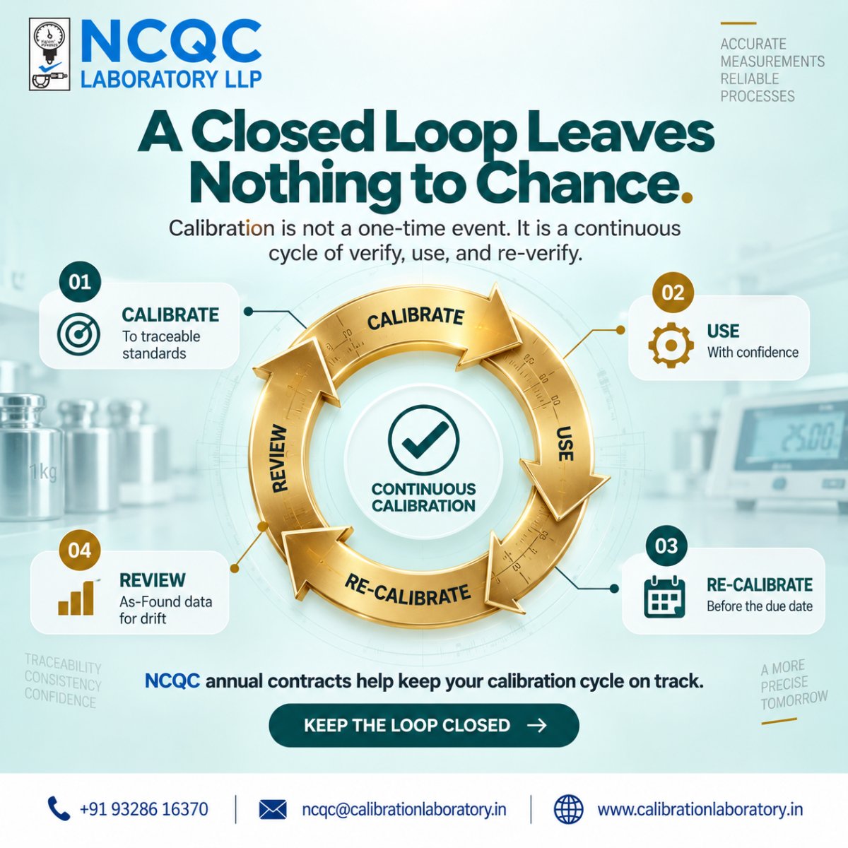 NcqcLab's tweet photo. Calibration doesn't end with a certificate! Keep the closed loop: Calibrate ➡️ Use ➡️ Re-calibrate ➡️ Review drift.

Protect your measurement reliability with NCQC Laboratory.

📞 +91 93286 16370 | https://t.co/Hs082JHPAi
#Metrology #NCQCLaboratory https://t.co/XuglC3nj3I