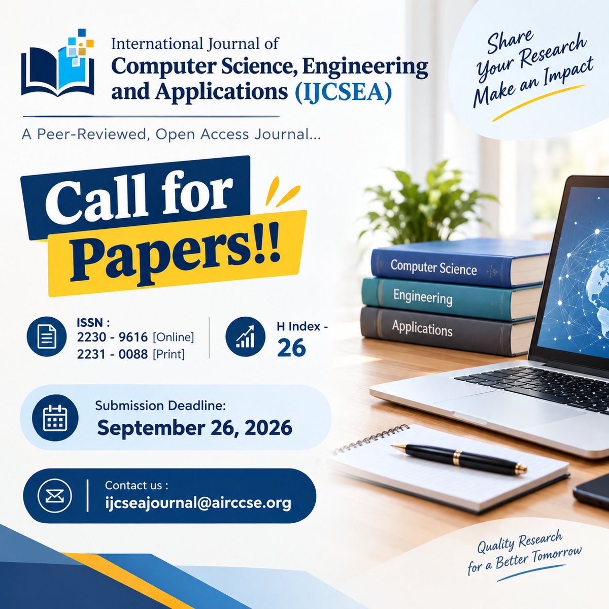 IjcseaJournal's tweet photo. Call for Papers!!

International Journal of Computer Science, Engineering and Applications (IJCSEA)

ISSN : 2230 - 9616 [Online] ; 2231 - 0088 [Print]

Webpage URL: https://t.co/GJRdNEao3N
https://t.co/sjncQpqpCq

Here's where you can reach us : ijcseajournal@airccse.org https://t.co/mEMwXQNC7s