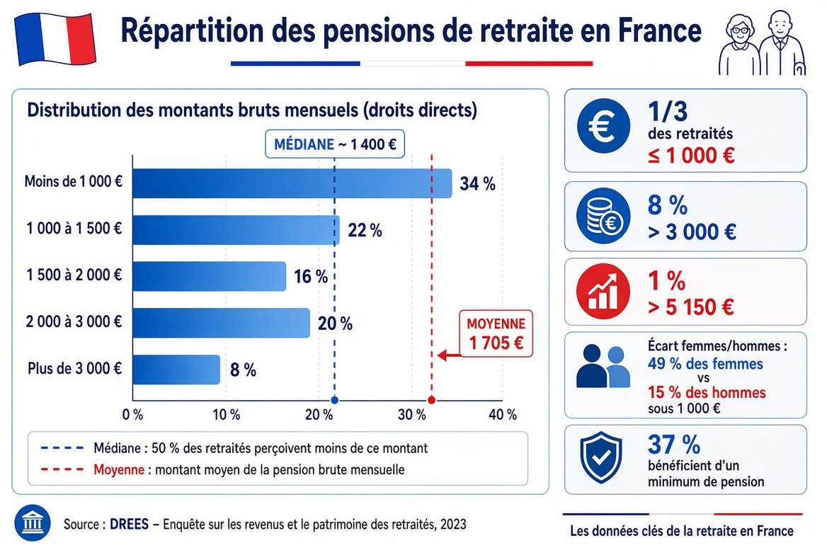AdresanSoso's tweet photo. C'est ça la réalité des retraites en France, n'écoutez pas les mensonges de Macron et sa clique.
Voici une infographie illustrant les différents montants de retraite en France et leur répartition en pourcentage.
Chiffres clés à retenir :
-Pension moyenne (droits directs, fin 2024) : 1 705 € bruts
-Médiane estimée : autour de 1 400 € bruts
-Environ 1/3 des retraités perçoivent 1 000 € ou moins
-8 % perçoivent plus de 3 000 €
-1 % perçoivent plus de 5 150 €
-37 % bénéficient d’un minimum de pension

Les femmes sont nettement plus nombreuses dans les petites pensions (49 % d’entre elles sous 1 000 € contre 15 % des hommes).