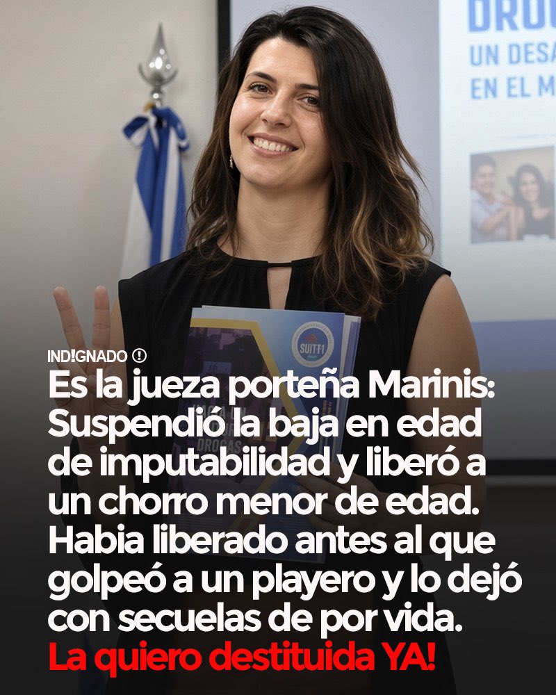 indignadoxd's tweet photo. Te la presento: Es la jueza porteña Laura Marinis: suspendió la baja en la edad de imputabilidad y liberó a un chorro menor de edad. Había liberado antes al joven que golpeó a un playero y lo dejó con secuelas de por vida. ¡La quiero destituida ya! https://t.co/LsD1gFh4yD