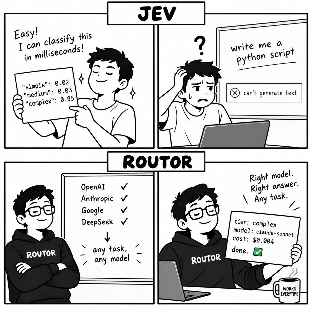 RoutorAI's tweet photo. Most AI routers stop at one question:
“How complex is this task?”

ROUTOR asks the question that actually matters:
“Which model should handle it?”

JEV can classify the task in milliseconds.

ROUTOR can classify, choose the right model, optimize for cost, and execute.

Don’t just predict the answer.
Route the task to the model that can deliver it.
