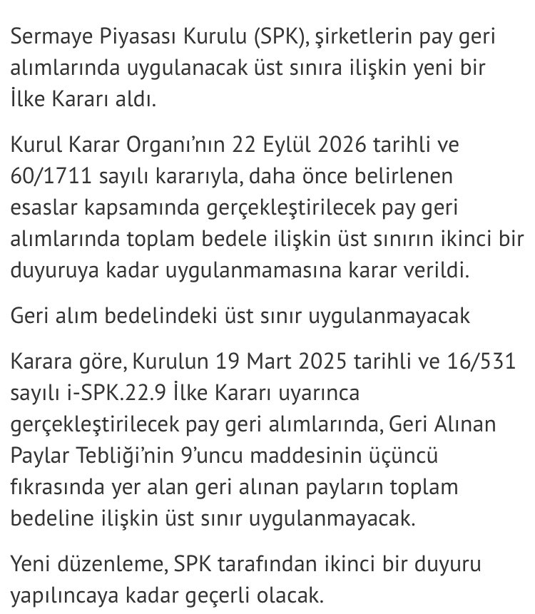 CaycRifat's tweet photo. SPK, şirketlerin pay geri alımlarında toplam bedele uygulanan üst sınırı geçici olarak kaldırdı. Karar, ikinci bir duyuruya kadar geçerli olacak ve geri alımlarda limit uygulanmayacak. https://t.co/gEXb9yqlF1