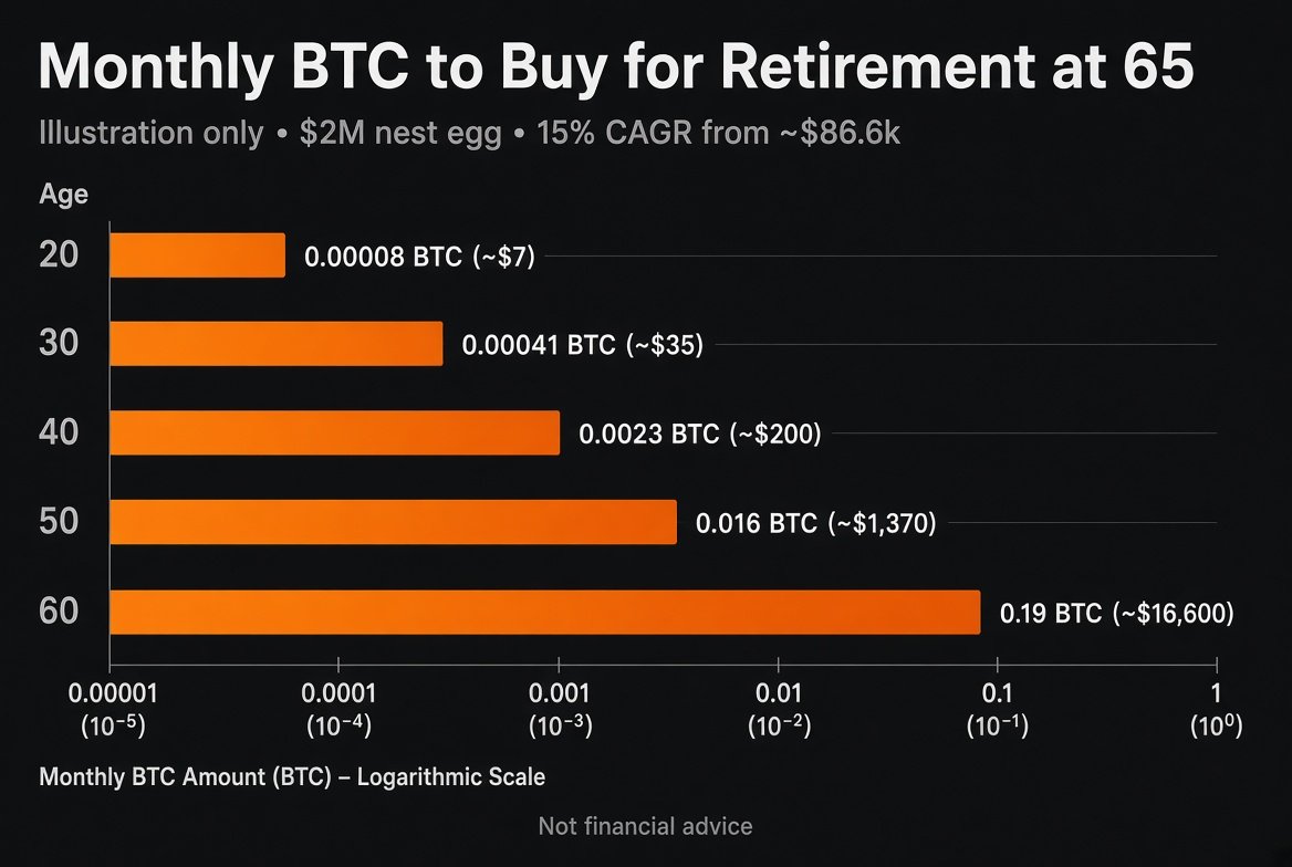 TheBTCKnight's tweet photo. This is how much bitcoin:native you need to buy each month to retire at 65. 

Assuming a $2M nest egg. 

A 15% annual price growth from $86.6k and buying a fixed amount of bitcoin:native each month.

- Age 20: 
0.00008 bitcoin:native/month ($7 today)

- Age 30: 
0.00041 bitcoin:native/month ($35)

- Age 40: 
0.0023 bitcoin:native/month ($200)

- Age 50: 
0.016 bitcoin:native/month ($1,370)

- Age 60: 
0.19 bitcoin:native/month ($16,600)

Younger buyers need far less total bitcoin:native because price has decades to stack. 

Older buyers need a much larger stack in far less time.

The sooner you start the easier it would be.