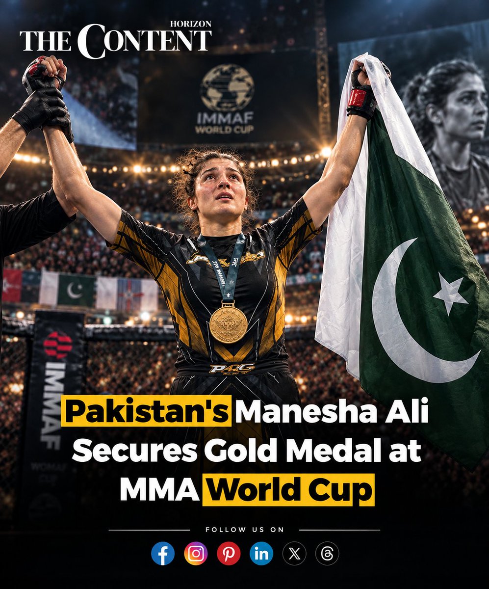 content_horizon's tweet photo. 🥇 Pakistan’s Manesha Ali Secures Gold at MMA World Cup 🇵🇰

A proud moment for  as Manesha Ali celebrates a remarkable gold-medal achievement at the MMA World Cup. 🥇🇵🇰
#ManeshaAli #Pakistan #PakistanSports #MMA #MMAWorldCup #GoldMedal #MMAChampion #PakistaniAthlete #SportsNews https://t.co/9dtFNeIzKV