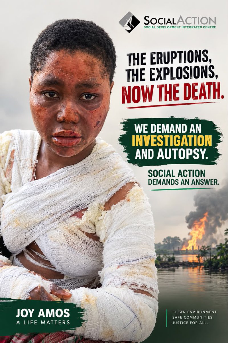 SocialActionNg's tweet photo. The eruptions, the explosions, now the death.

We demand an investigation and autopsy. Social Action demands an answers. The lives of Bille people matters. #billeisburning https://t.co/p39soVrPhj