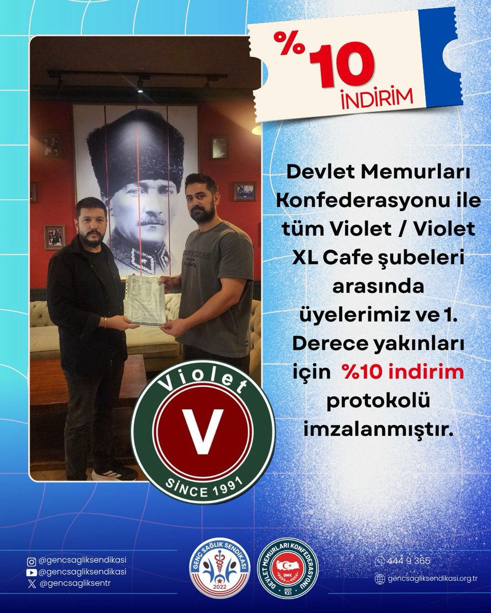gss_samsun's tweet photo. Devlet Memurları Konfederasyonu ile tüm Violet / Violet XL Cafe şubeleri arasında üyelerimiz ve 1. Derece yakınları için %10 indirim protokolü imzalanmıştır.
#osmankaya
#gsssamsun
#gençsağlıksendikası
#violet
#violetxl https://t.co/8bh0RyDo3F