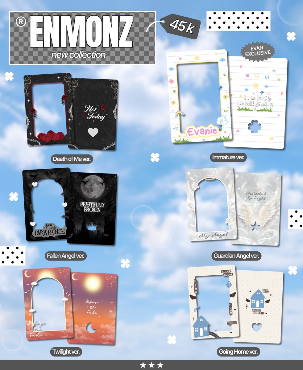 enmonz_store's tweet photo. 🎀 PRE ORDER PHOTOCARD HOLDER 🎀

📍INDONESIA / JAKARTA
🌎 CAN WW (must have indonesia address)

🛒 LINK FORM: https://t.co/lnYrKps8lO

💸 45K/ 4$

💙 AVAILABLE ITEMS 
𐙚 Death of Me Ver.
𐙚 Going Home 
𐙚 Immature 
𐙚 Twilight
𐙚 Fallen Angel 
𐙚 Guardian Angel

📌 NOTES
♡ Outside Indonesia, with prices listed in USD. (Shipping fee excld)
♡ Harga belum termasuk admin platform & packing
♡ Selama masih open berarti masih ada 💙