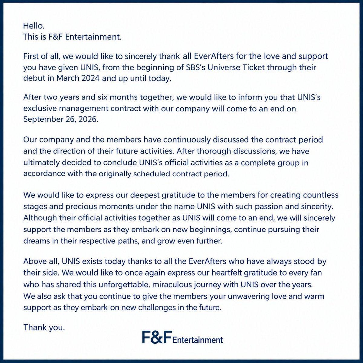 FRANCE_UNIS's tweet photo. (🌐) — INFOS :: 22.09.26

⤷ EVERAFTER malheureusement le groupe va disband le 26 septembre prochain a la fin de leur contrat initial de 2 ans et demi!
Leur digital single qui sortira mercredi est donc leur dernier comeback 😭
Alors montrez leur notre gratitude😭

#THANKYOUUNIS😭 https://t.co/dgy0udlClD