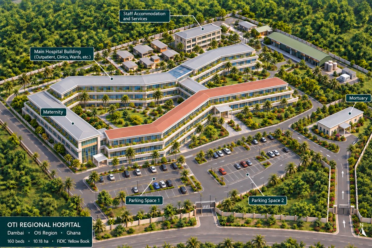FelixKwakyeOfo1's tweet photo. As part of a broader strategy to improve healthcare in Ghana, President Mahama will cut sod in the coming weeks for three 160-Bed Regional Referral Hospitals in the Oti, Savanah and Western North Regions.

Here is the design for the one in Oti. https://t.co/UVLUSAWrz2