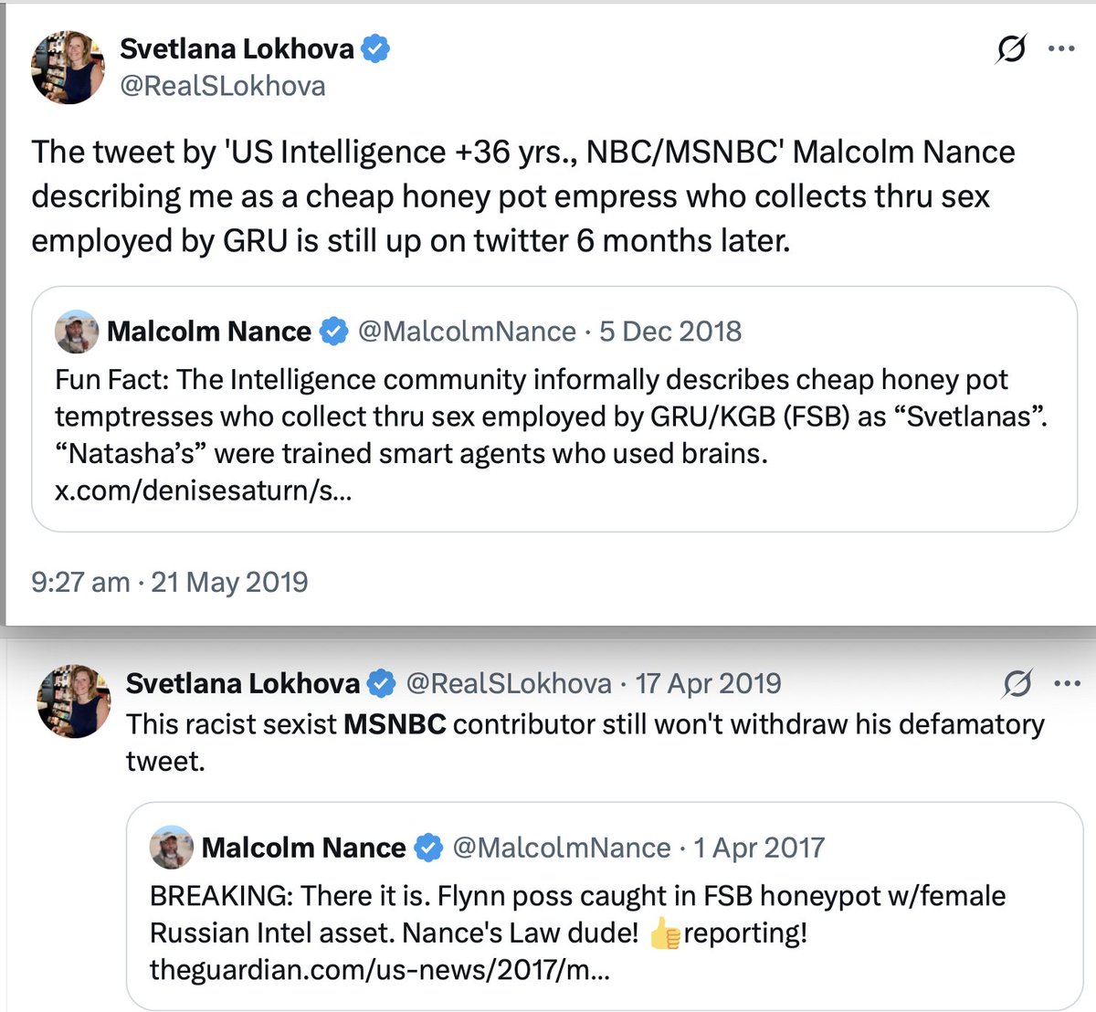 RealSLokhova's tweet photo. This is what NBC/MSNBC pushed about me during the Russia Hoax. They were spreading the lies that I had an affair with President Trump's National Security Advisor and that I was a Russian Spy. 

They aired these lies on Maddow, Joy Reid etc and saturated social media with them. 

I am a respectable British academic, a wife and was a new mom at the time. 

These outlets don't care who they hurt they just want to get President Trump. 

It's not enough to ban them, their "journalists" should be investigated and prosecuted