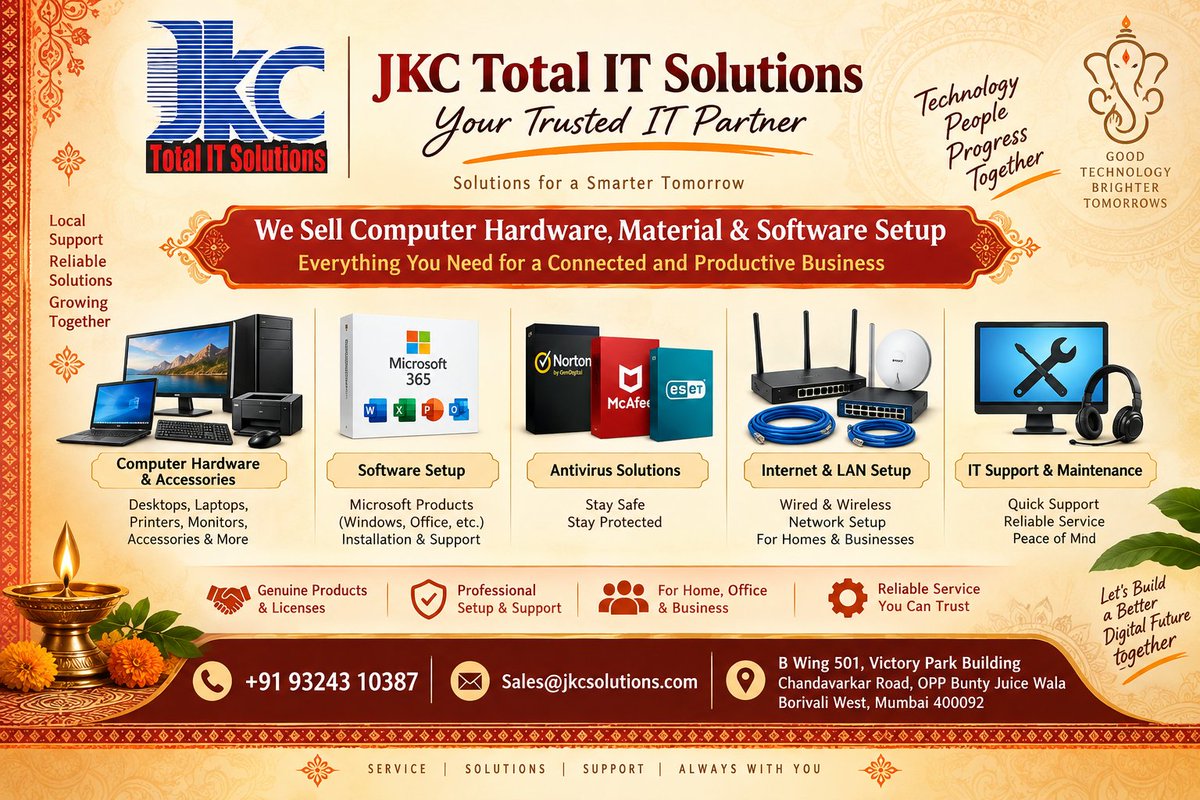 jkcsolution's tweet photo. We provide Computer Hardware, Software Setup, Microsoft Products, Antivirus, LAN &amp; Internet Setup, and IT Support — all under one roof! 🖥️🔧

📞 +91 93243 10387 | 📧 Sales@jkcsolutions.com
📍 Borivali West, Mumbai

Your Technology, Our Support! 🤝 https://t.co/bmlUvs3Rr4