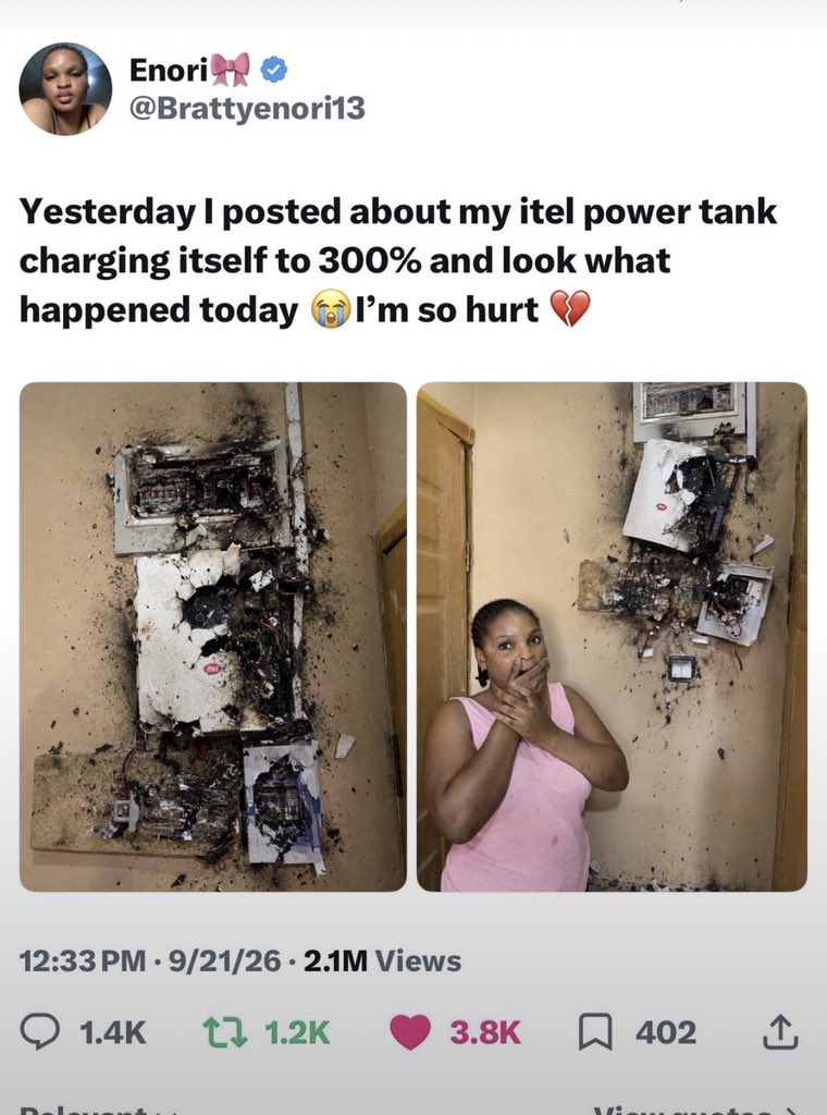 Esmart26's tweet photo. …@itelNigeria this particular tweet has caused damage to your product offline, I went to a store to get a fan and found customers rejecting your products.

I asked them why and they all showed me this image 👇🏾

Legal action needs to be taken, your brand is at risk. https://t.co/XOqbah3V6f