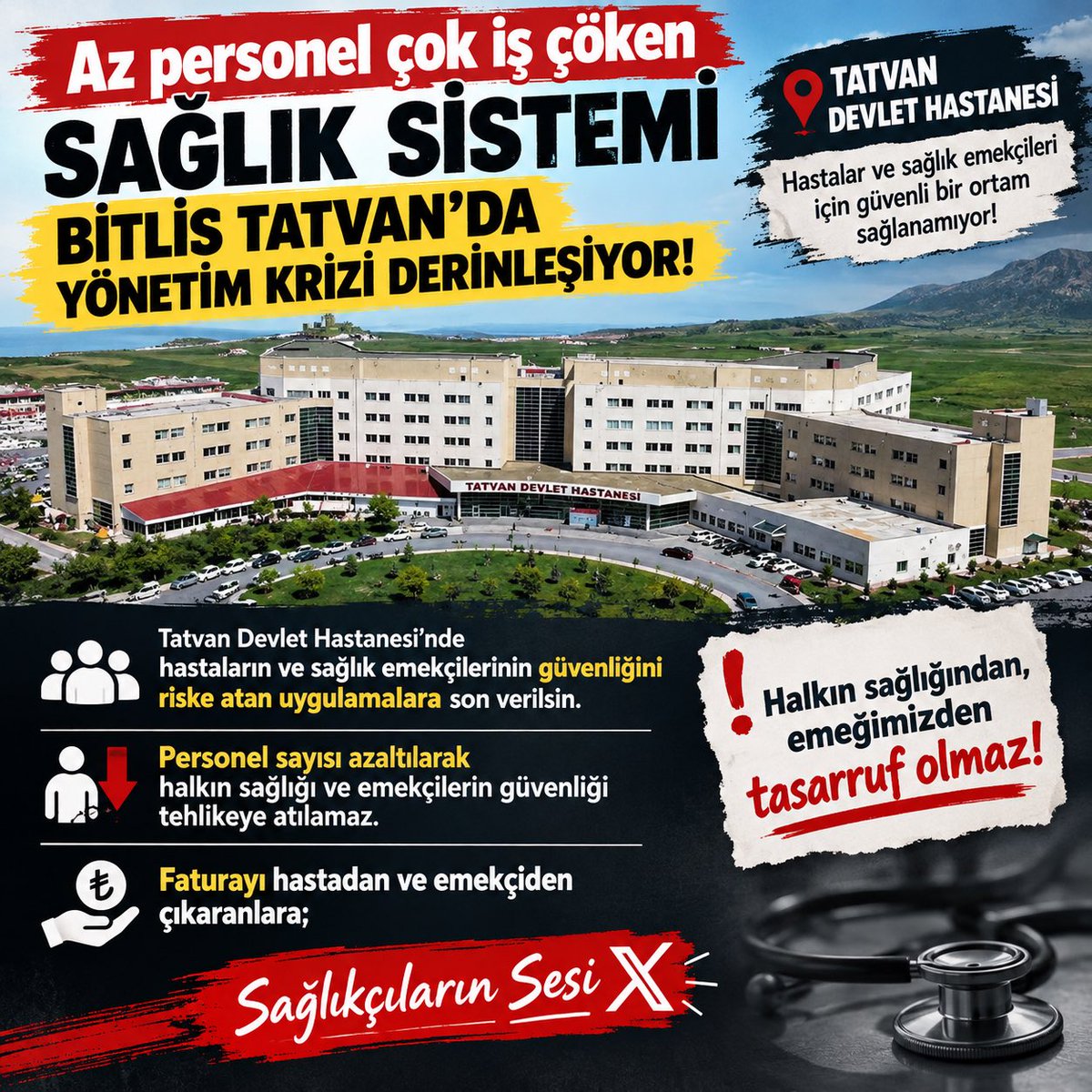 saglikcisesiyiz's tweet photo. Bitlis Tatvan Devlet Hastanesi’nde sürdürülemez bir iş yükü ve tükenmişlik yaşanıyor. Bu çalışma düzeni hem çalışan sağlığını hem de hasta güvenliğini tehdit etmektedir.
Angaryaya ve dayatmalara son verilsin, personel eksikliği acilen giderilsin!
@BitlisSaglik @BitlisValiligi https://t.co/V0YMjyEx0W