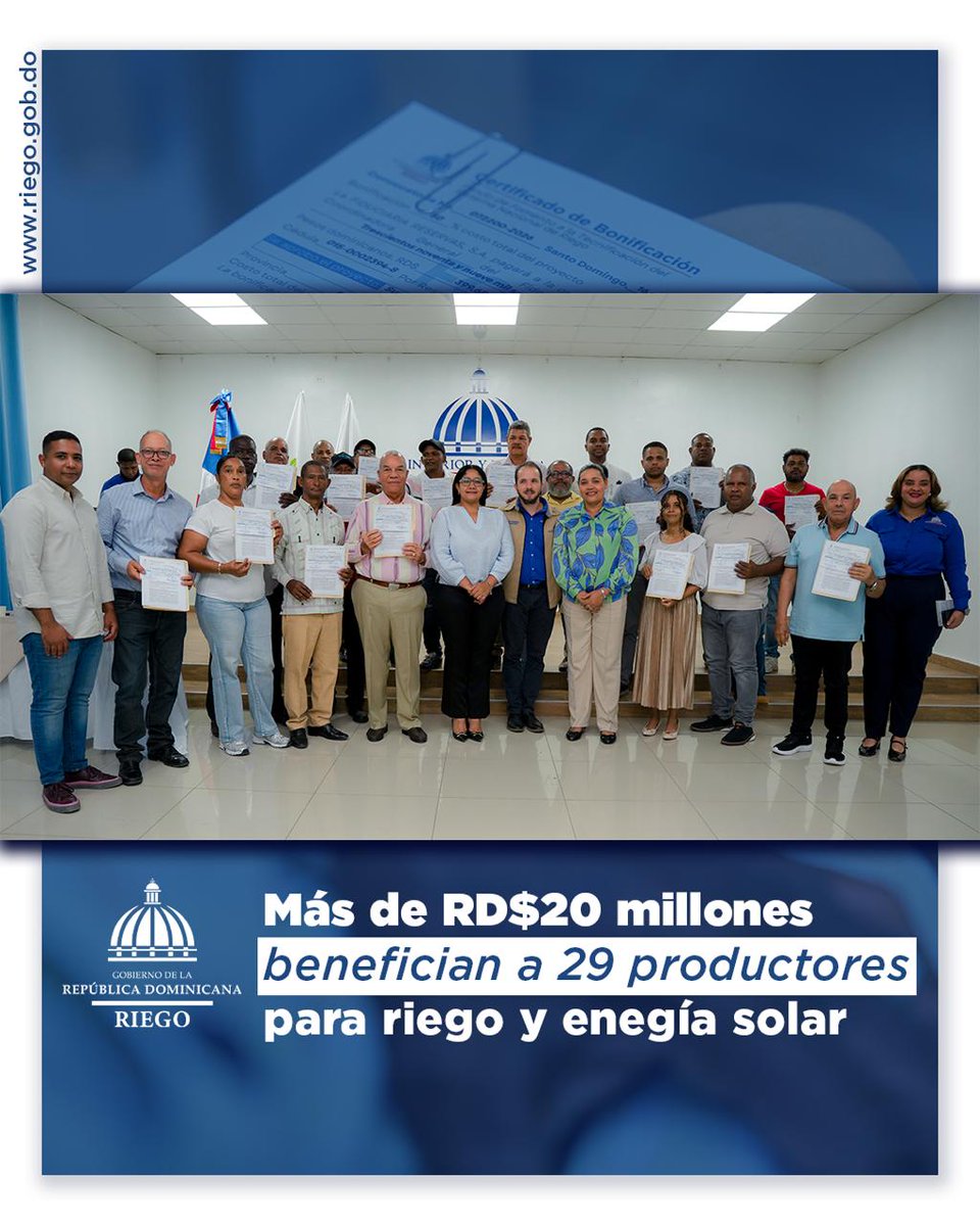 RiegoRDO's tweet photo. TNR entregó más de RD$20 millones a 29 productores a través de las convocatorias del Fotesir de la regional Sur, Fotovoltaica y San Juan-Elías Piña, para modernizar sus sistemas de riego y la implementación de soluciones de energía solar.

#TNR  #FOTESIR  #UnSaltoAlFuturo https://t.co/UVLBxxz1fT
