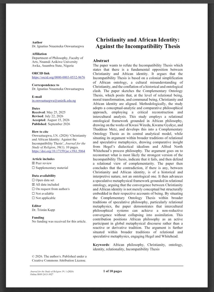 JSR_ASRSA's tweet photo. Call for Reading: this paper by Dr Ignatius Nnaemeka Onwuatuegwu, University of Awka, presents the case to refute the Incompatibility thesis which states that there is a fundamental opposition between Christianity and African identity.

Read here: https://t.co/oIutQoNFvq https://t.co/HPBzFWNjIm