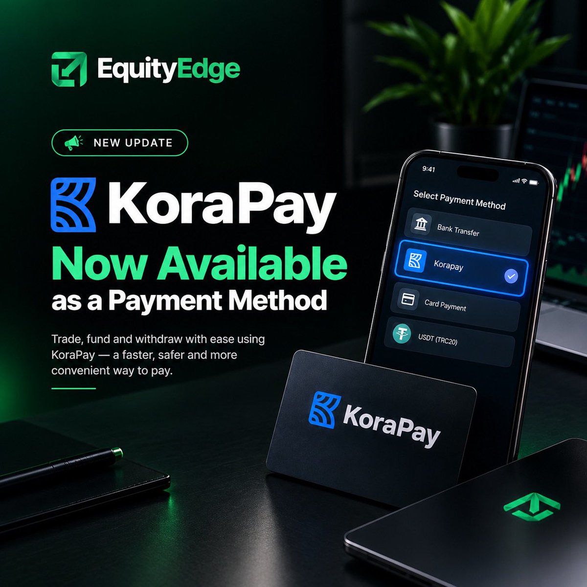 Mohamazinggg's tweet photo. KORAPAY is now available as a payment method on @EquityEdgeUK 

Start Trading with Equity Edge today and enjoy a Whooping 50% Discount on all Trading accounts when you use the code "MOH50” https://t.co/G1oEJWVrAI