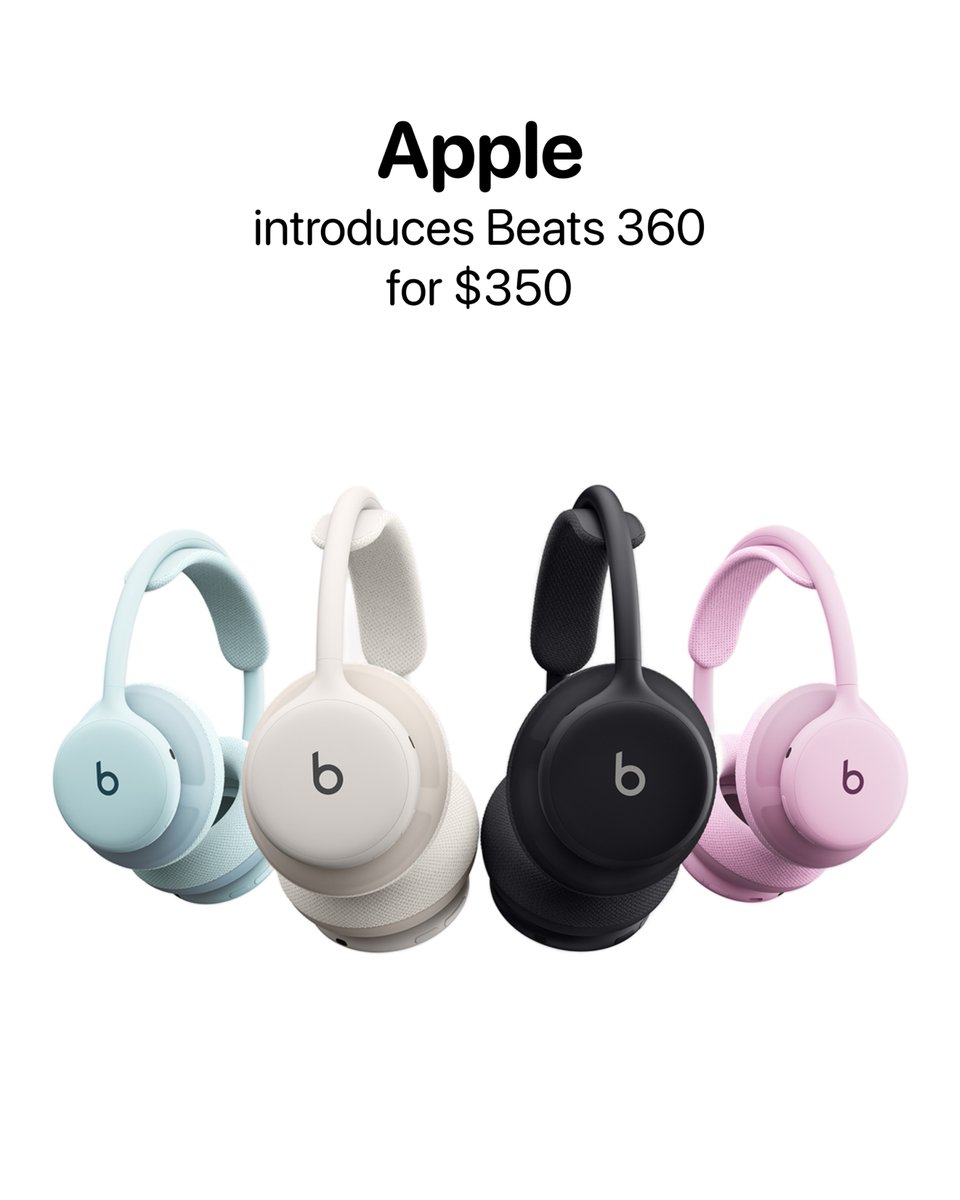 theapplehub's tweet photo. Apple has introduced the new Beats 360 Over-Ear Headphones for $349.99 🎧

• Available in Black, Cloud, Pink, and Sky
• Interchangeable ear and headband cushions
• Up to 1.75x more noise cancellation than Beats Studio Pro
• Up to 32 hours of battery life https://t.co/DEAJ7Z3Dj3